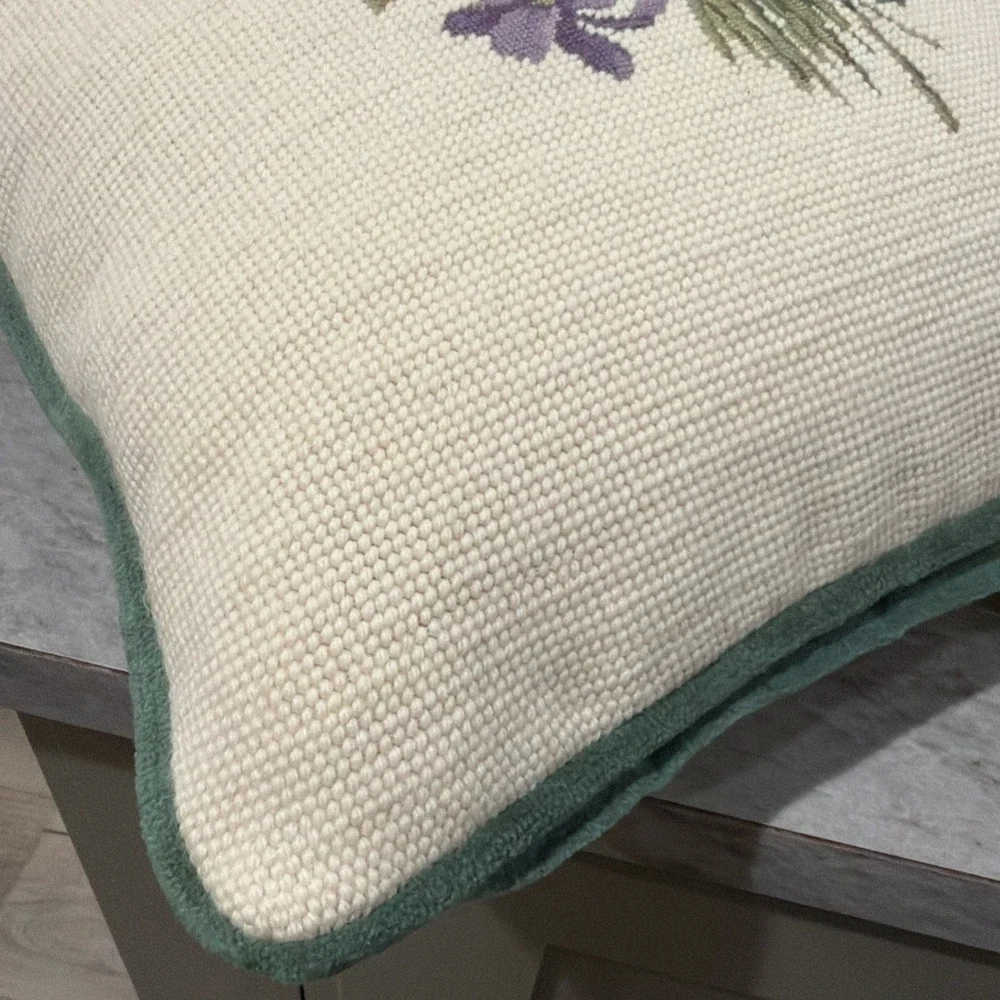 Vtg Needlepoint And Velour Heavy Duty Throw Pillow Pansies Purple Flowers 15